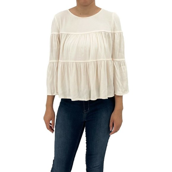 MADEWELL Womens Sz S Ecru Tiered Button Back Ruffled Bell Sleeve Top Blouse Boho